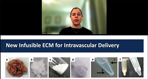 Screen shot of a slide titled, New Infusible ECM for Intravascular Delivery, shows ground-up powder, freeze-dried substance, water in a tube and the hydrogel
