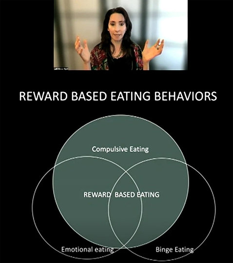 Epel speaks, showing graphic of concentric circles of Reward-based Eating Behaviors: inside emotional and binge eating overlap through the larger reward/compulsive eating circle.