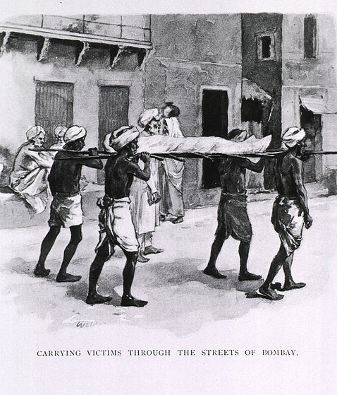 Black & white image of pall bearers carrying a plague victim on a strettcher
