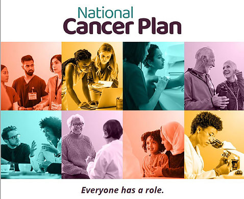Cover of National Cancer Plan showing people talking, researcher looking into microscope