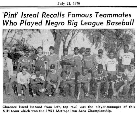 B&W scan of NIH Record page featuring team photo with players in NIH jerseys