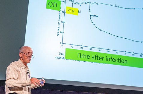 Young stands on stage next to slide that reads: time after infection
