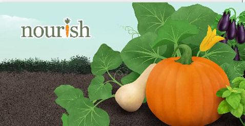 Garden scene featuring a pumpkin and squash. The word "nourish" is placed in the upper left corner; a carrot represents the "i."
