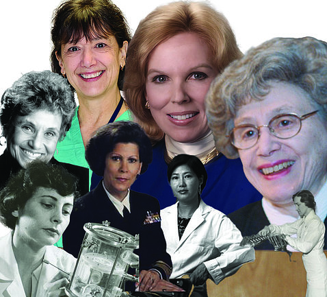 Collage of images of eight women. Some are grayscale and some are in color; some are headshots and some show the women in scientific occupations.