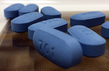 Blue capsule-shaped pills, emblazoned with 701, taken to reduce HIV risk.