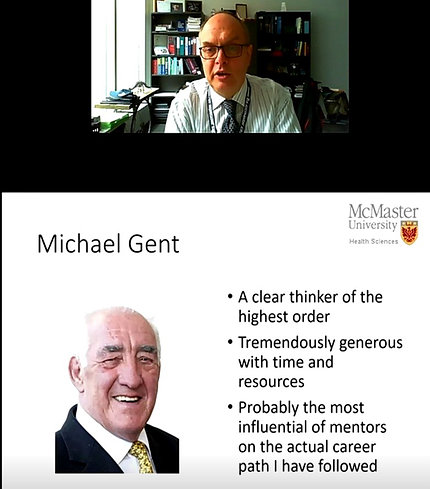 Crowther talking from his office shows a slide of the late Michael Gent, which reads that he was the most influential mentor on Crowther's career path