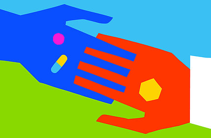 A colorful graphic shows an orange hand holding a pill interlocking fingers with blue hand, holding a pill and a capsule.