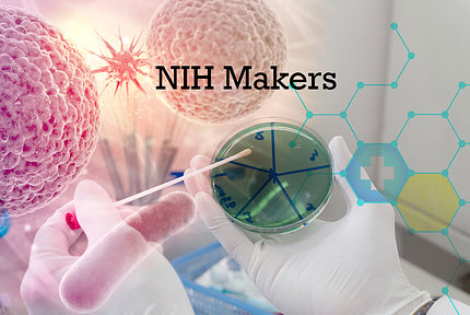 Image of gloved hands holding a swab to a petri dish to culture bacteria in the lab, titled "NIH Makers"