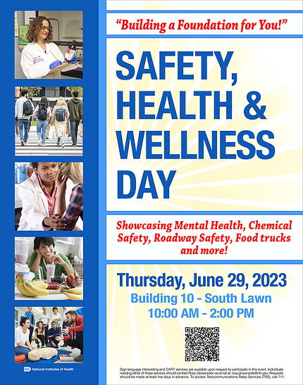 Poster shows doctor check, healthy eating, walkers, ergonomics - for Safety, Health and Wellness Day on June 29, 2023, 10 am - 2 pm, Building 10 south lawn