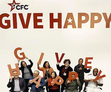 A poster featuring several members of the NIH community holding up letters that spell out "Give Happy"