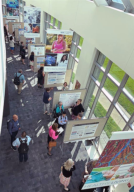 Seen from above, people standing in front of posters, chatting