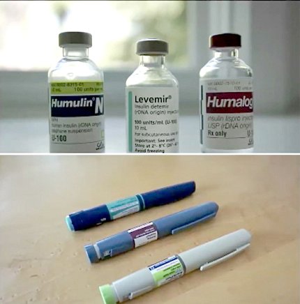 Three medicine vials and three pre-filled pens, each set the same size and shape, on a table