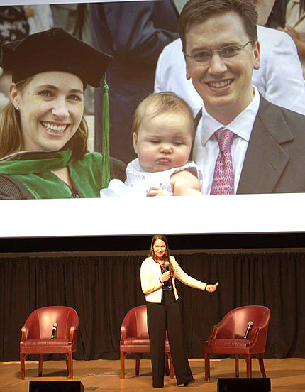 Pichard, wearing a cap and gown, poses with her family in a photo in the upper image. In the lower image, Pichard stands on a stage in front of three chairs, speaking into a microphone.