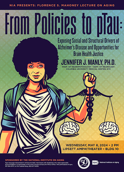 Poster image. Black woman wearing an Afro, holding justice scales with medical caduceus staff, lecture title, date overlaid