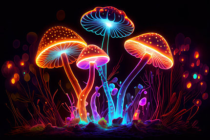 Brightly colored, glowing mushrooms standing upright 