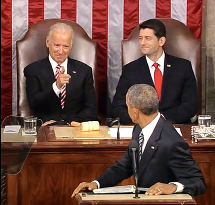 Obama turns to see a smiling Biden pointing at him next to a smiling Ryan at the State of the Union address in the Capitol.