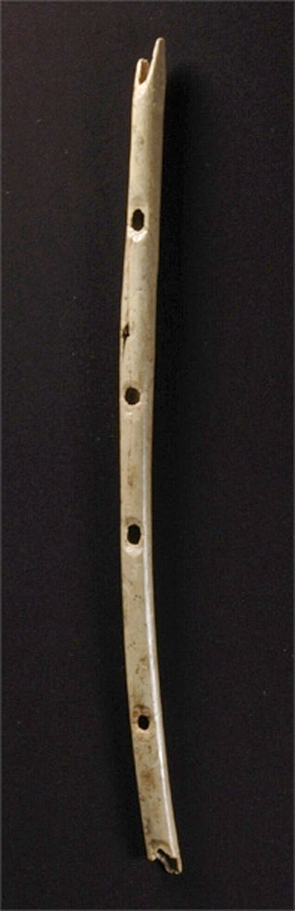 Crude long, narrow bone with holes drilled in at intervals