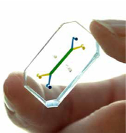 A hand holds a small, clear chip with a multi-colored X in the center.