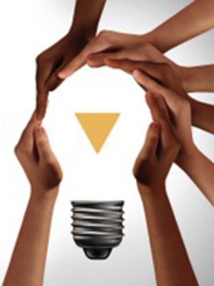 Graphic of multiple hands forming shape of a lightbulb with a delta representing the light