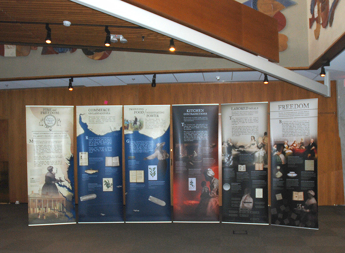 Six large panels featuring information, photos  as part of the traveling exhibit