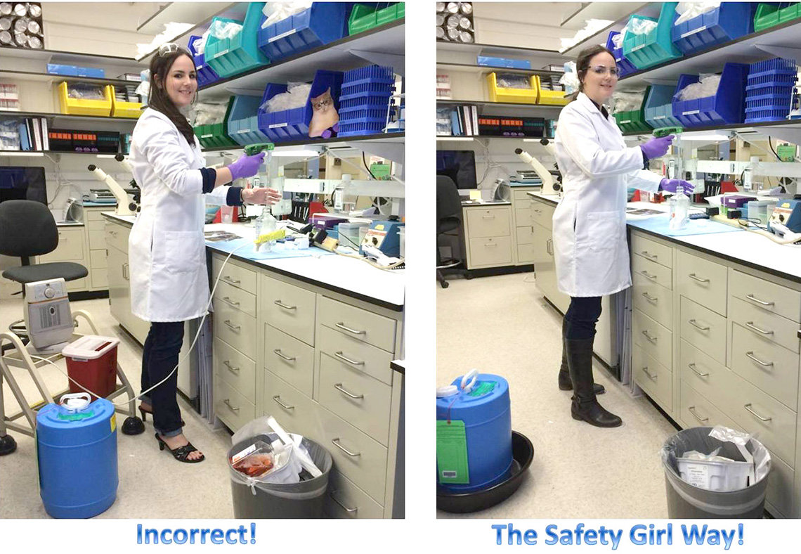 Two photos of same woman in lab, side by side, with and without safety devices