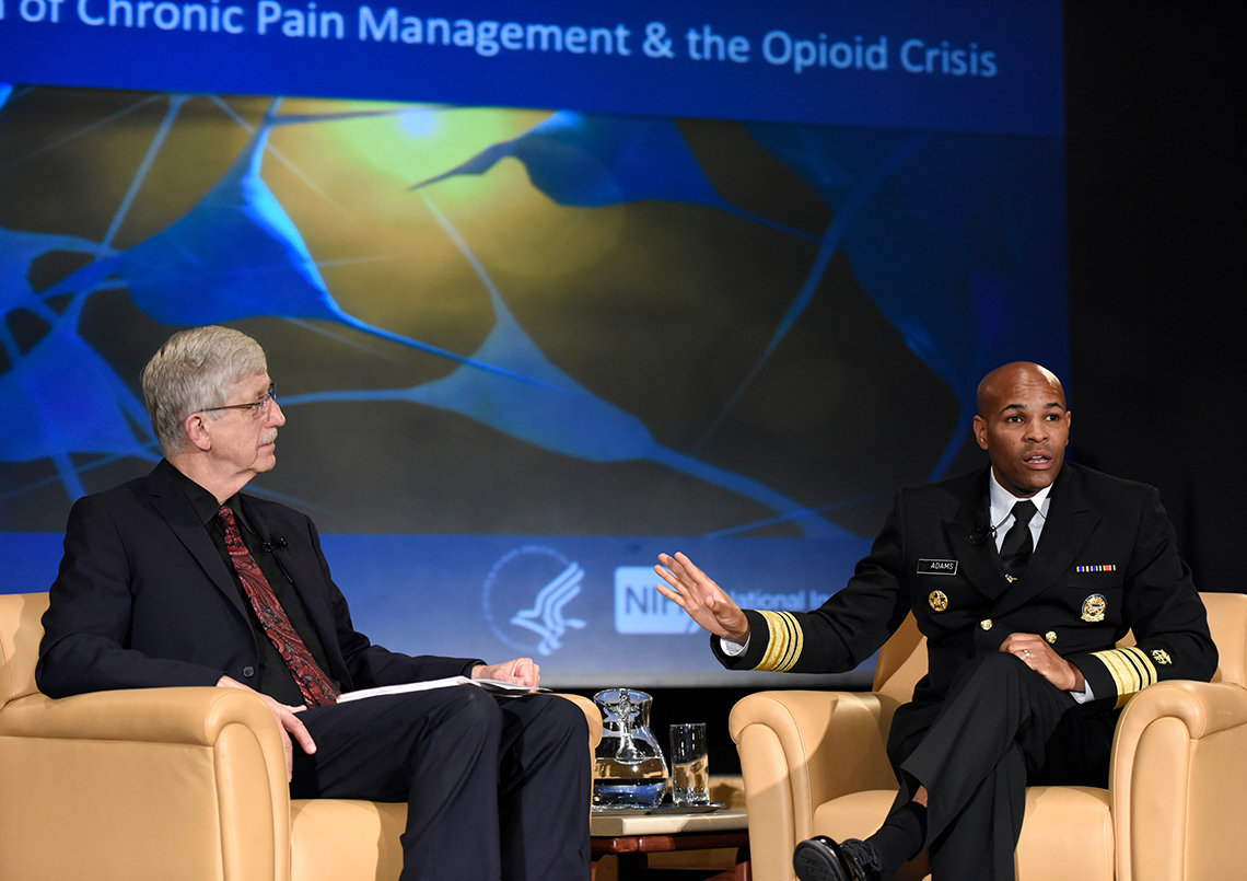 NIH director Dr. Francis Collins and Adams discuss chronic pain at fireside chat.