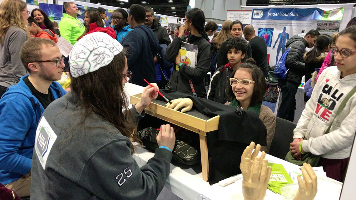 At the NIMH booth, a student learns about phantom limbs and how her brain can fool her into thinking that a rubber hand is part of her own body.