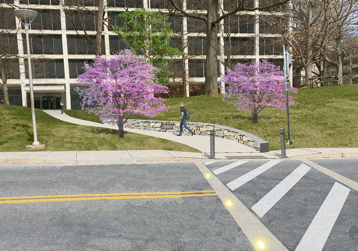 A rendering of the new accessible walkway, featuring a retaining wall, a new pedestrian-activated LED-lit crosswalk and flashing warning signs