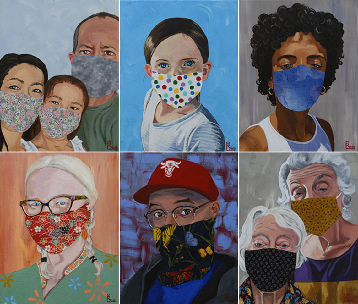 A collage of paintings of different people wearing face masks during the pandemic