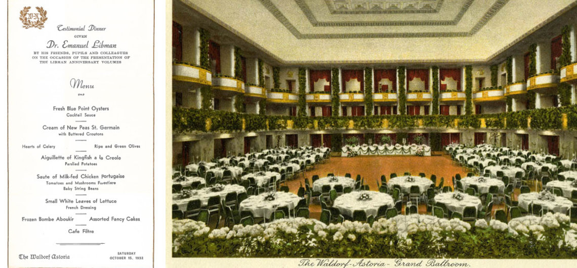 A dinner menu and a postcard showing the grand ballroom at the then-newly opened Waldorf Astoria in New York