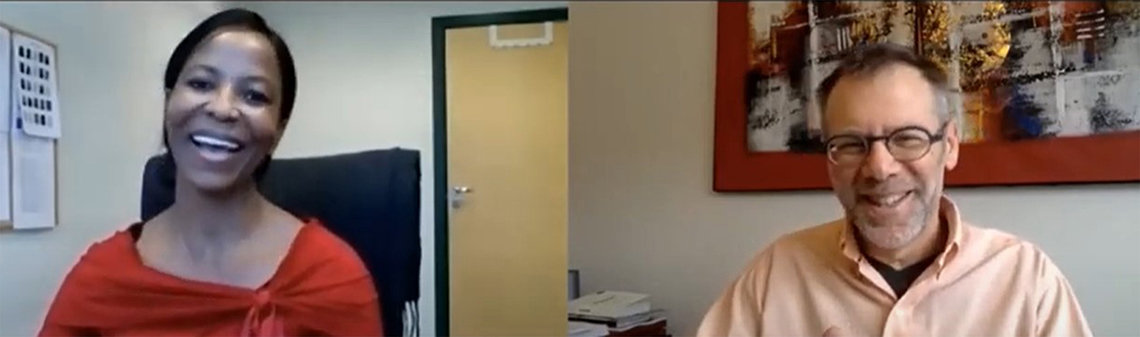 A screenshot of a smiling Katisi and Ungar, each chatting virtually from their offices.