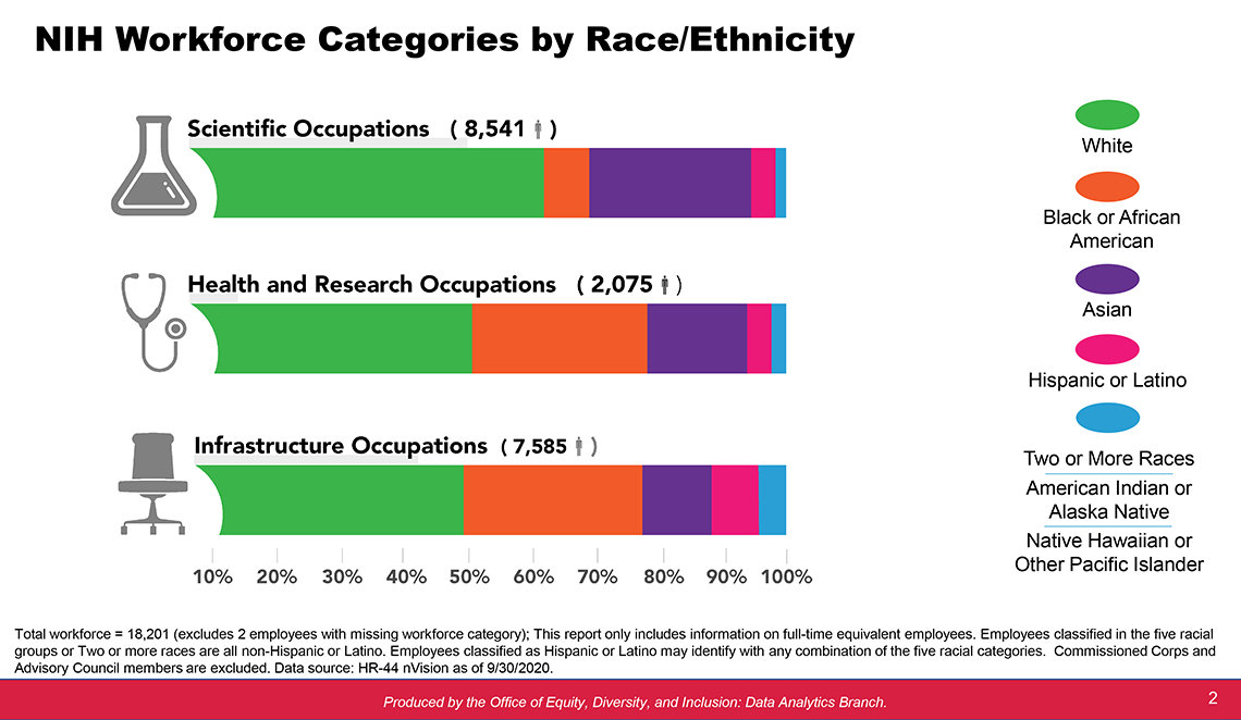 Chart with colored bar graphs representing White, Black, Asian, Hispanic/Latino, American Indian/Alaska Native, Native Hawaiian/Pacific Islander employees