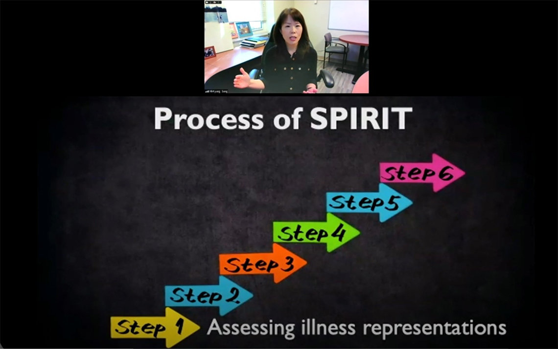 A slide shows 6 colorful arrows, each one a step, in the process of SPIRIT, with the first step: assessing illness representations. Above screen shot, Song speaks from her office.
