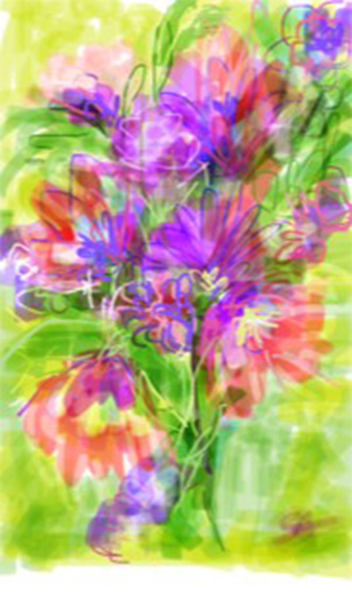 Painting of purple and orange flowers with wisps of red against a yellow and green background