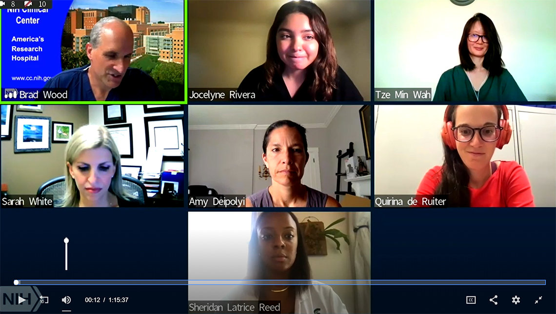 Screenshot of video conference grid with a man and 6 women featured in their individual squares.