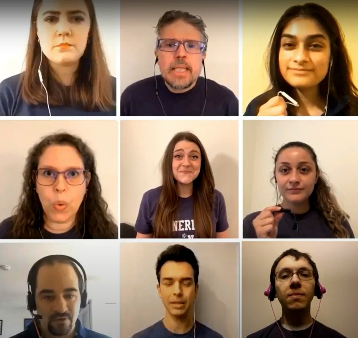 A screenshot of a YouTube featuring nine Nerds in Harmony singing over Zoom 