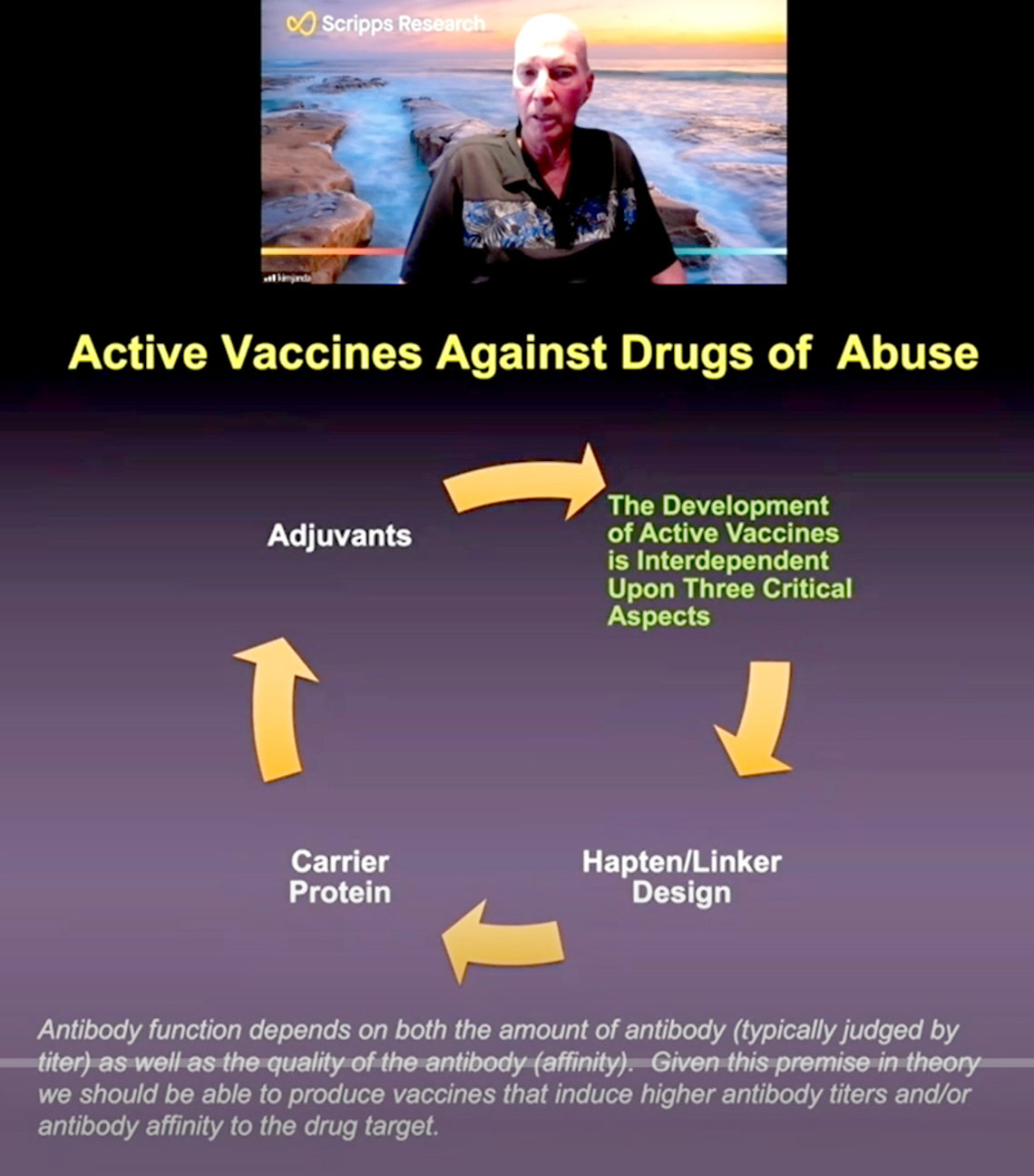 Janda gives a presentation. One slide depicts the active vaccines against drugs of abuse