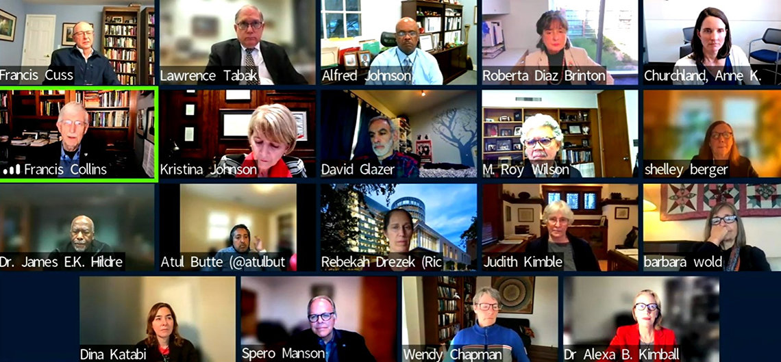 Screenshot of virtual meeting grid with dozens of attendees' smiling faces