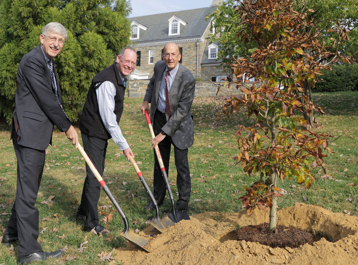 Collins, Farmer and Glass stand in their suits holding shovels beside a mound of dirt next to newly planted tree in front of FIC Stone House.