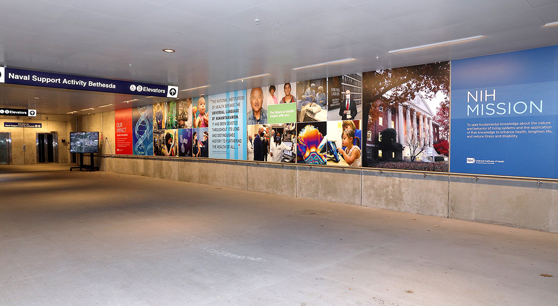 view of one wall in the underpass with photos of various NIH scenes