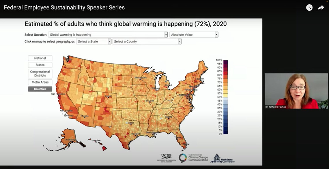 A slide featuring a map of the United States. It shows the distribution of Americans who think that global warming is happening