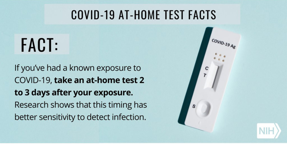 The infopgrahic features a Rapid Covid test photo with the words "Fact: If you've had a known exposure to Covid-19, take an at-home test 2 to 3 days after your exposure. Research shows that this timing has better sensitivity to detect infection."