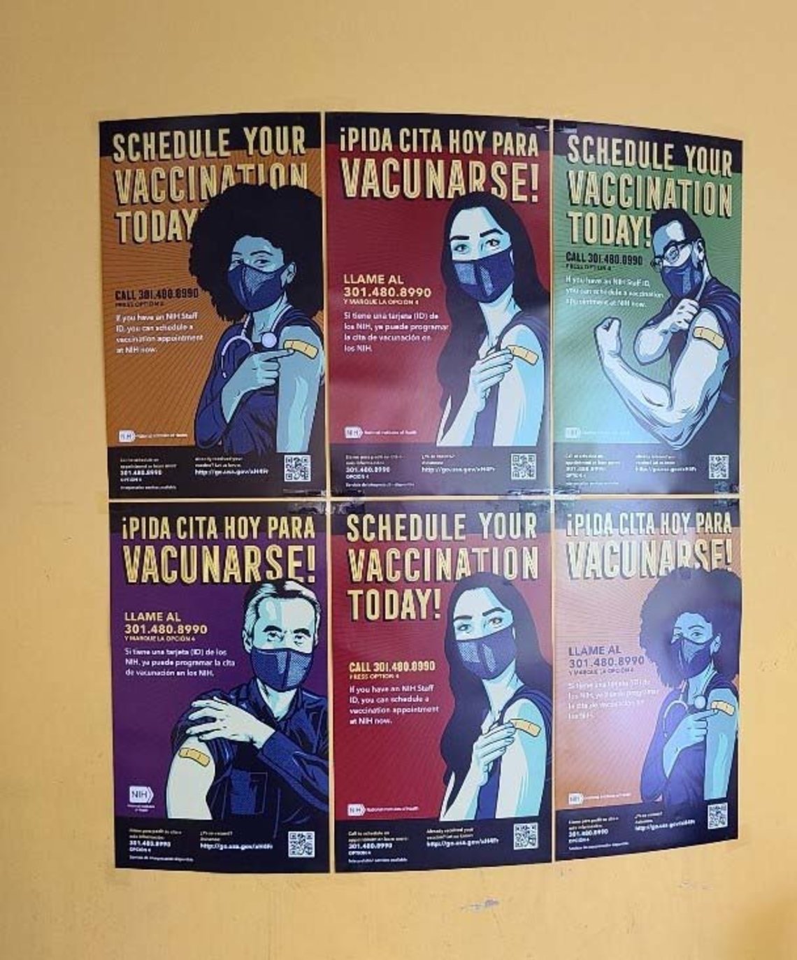 The image shows six different posters, all encouraging NIHer's to schedule COVID-19 vaccinations