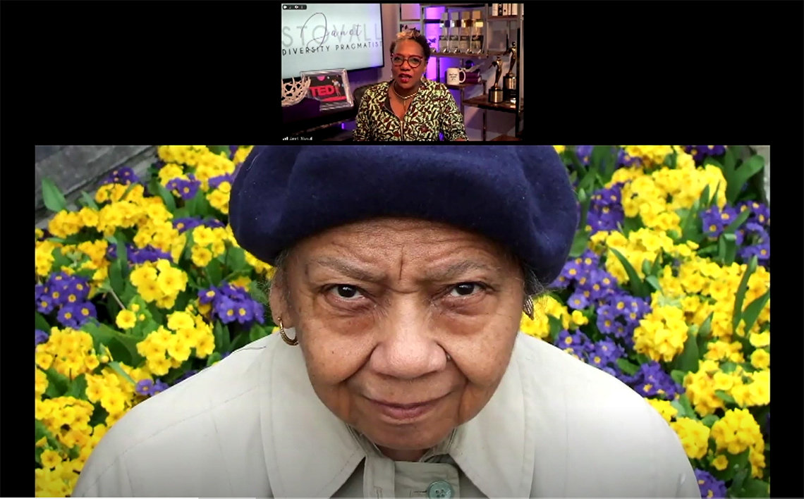 A screenshot of Stovall speaking in her office; below, a large photo of her aunt Anne, surrounded by yellow and purple flowers.