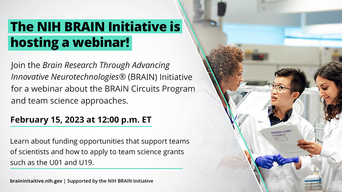 An infographic features information about the upcoming webinar along with three scientists in lab coats