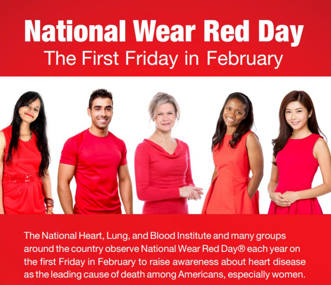five people dressed in red smile into camera with National Wear Red Day headline over top