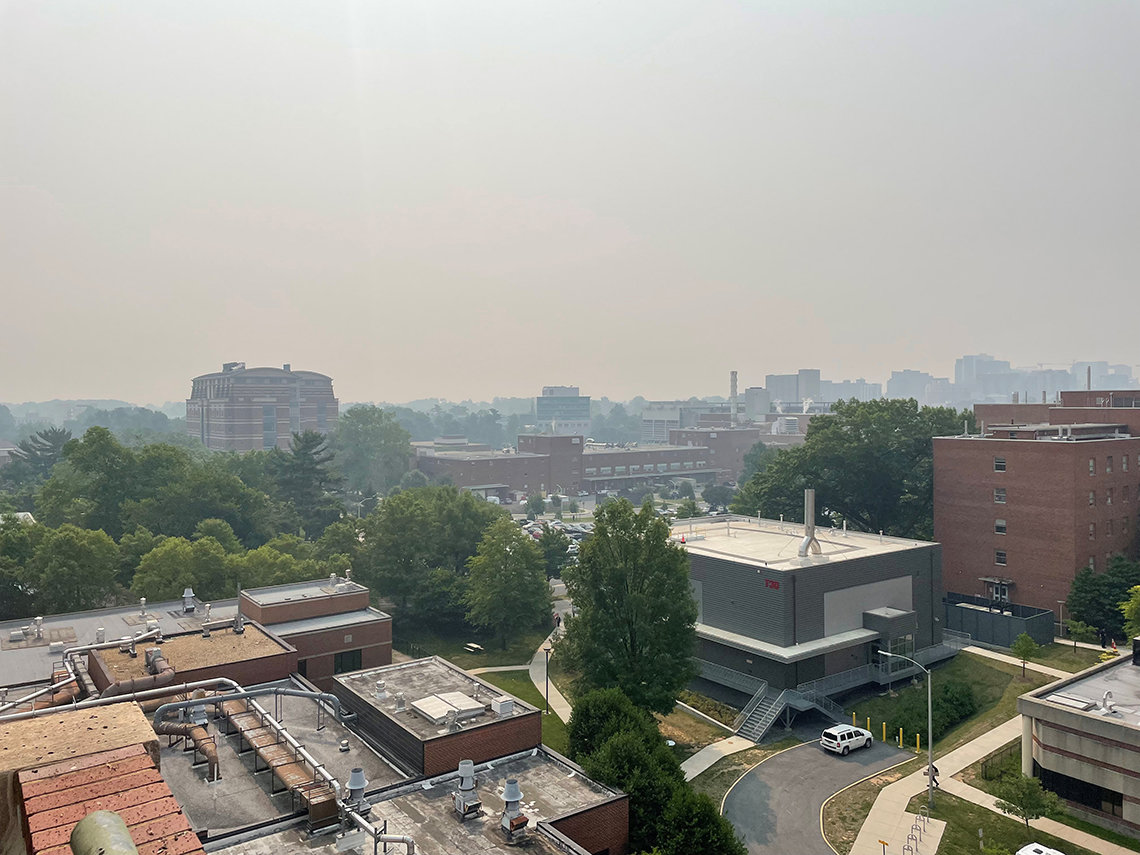 An aerial view of the smoke over main campus