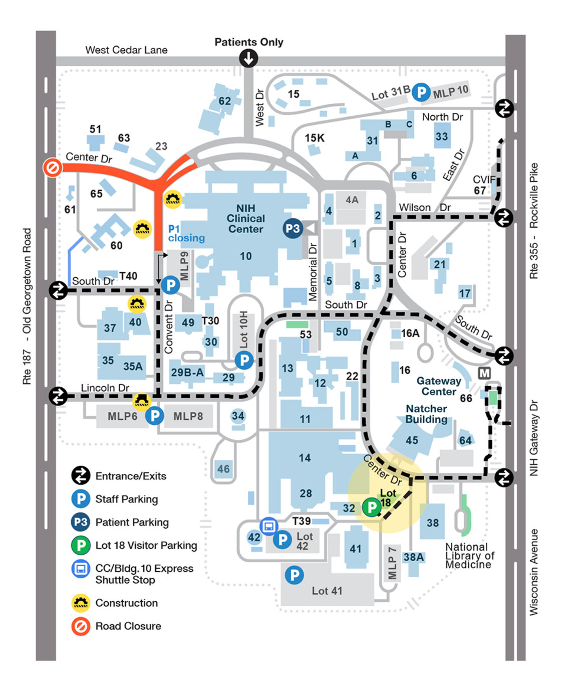 map of Bethesda campus with buildings, roads, parking areas represented