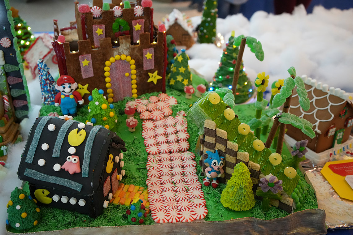 Gingerbread creation of Mario, Sonic, Pac-Man and a path of peppermints to the castle