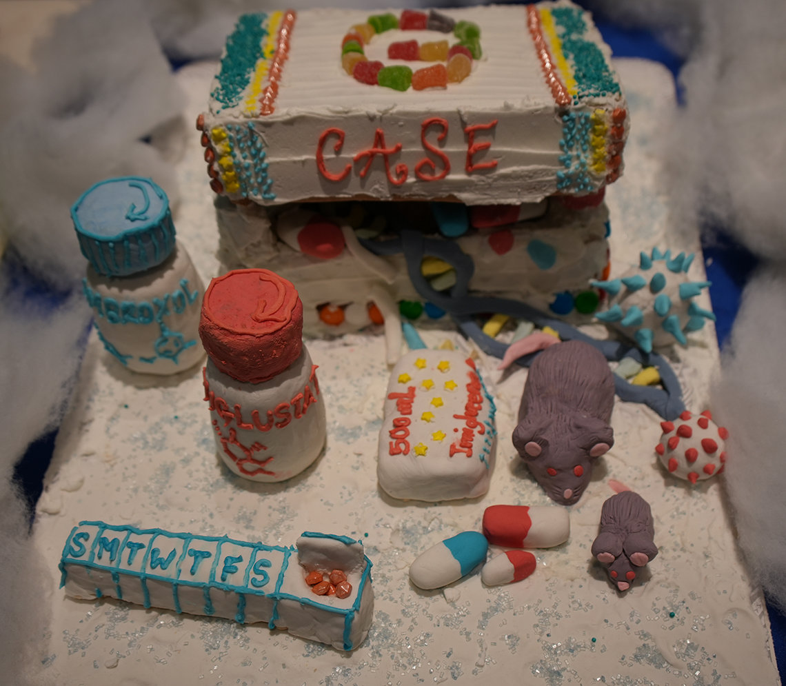 Gingerbread lab with candy pill bottles, pills and lab mice